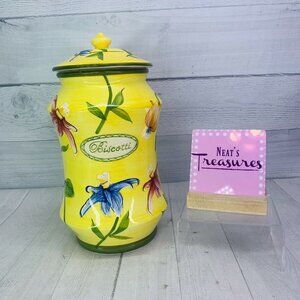 NONNI'S Hand Made Yellow Colorful Lotus Flower  Large Lidded Biscotti Cookie Jar